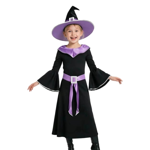 REDARER Classic Witch Cosplay Set FlaredâSleeve Dress with Matching Pointed Hat Cosplay Outfit for Halloween Themed Play Holiday Masquerade Gathering School Drama Act,4-6 Years