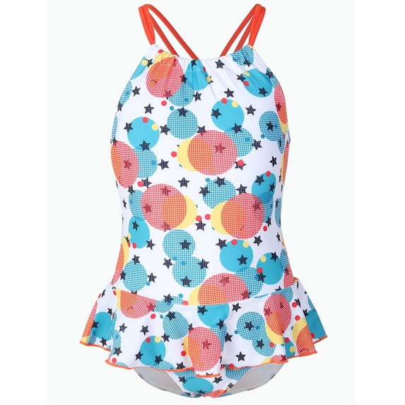 REDARER Colorful Geometric Star Print One Piece Swimsuit, Ruffle Hem Cute Bathing Suit for Kids Girls Summer Beach,11-12 Years