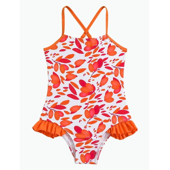 REDARER Colorful Leaf Print Cross Strap Ruffle Hem One Piece Swimsuit (Girls),18-24 Months