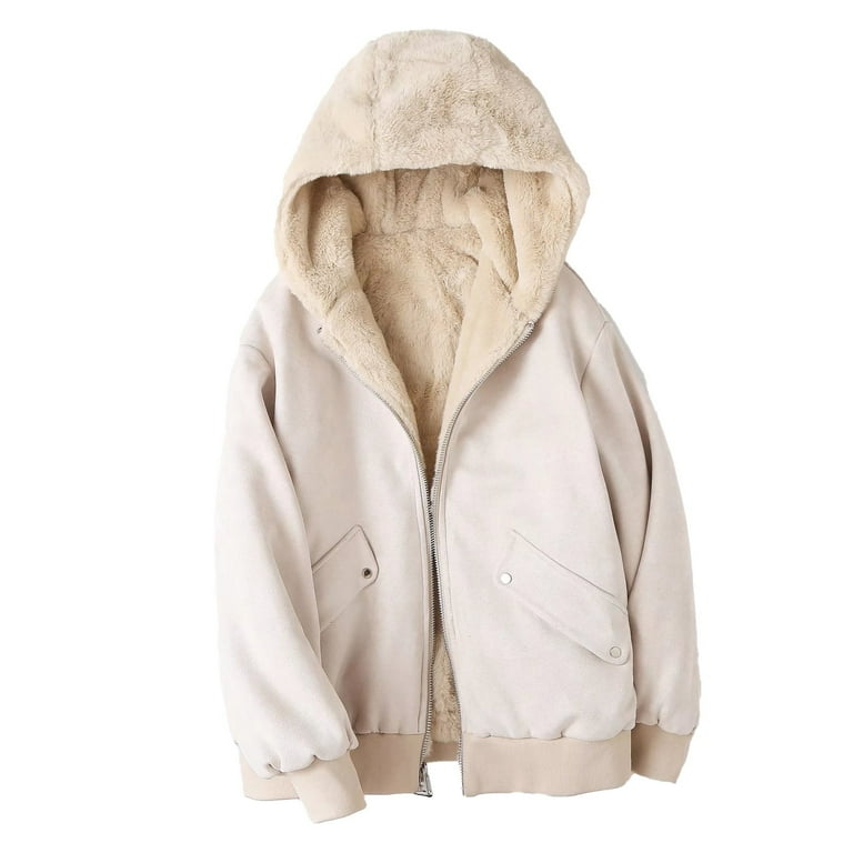 REDARER Columbia Jacket Women Reversible Plush Hooded Jacket With Solid Color And Thickened Winter Warm Coat Jackets for Women Columbia Beige M