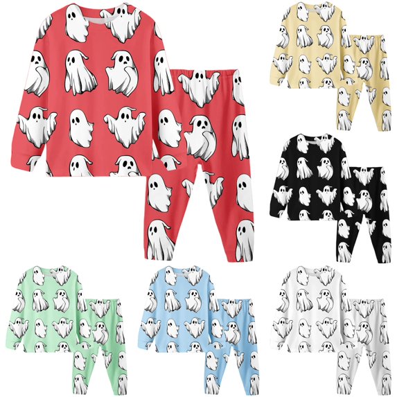 REDARER Crew Neck Long Sleeve 2 Piece Kids Pajama Set Classic Cartoon Ghost Print Soft Comfort Sleep Loungewear for Halloween Trick or Treat Fall Daily Home Casual Outfit,5Y