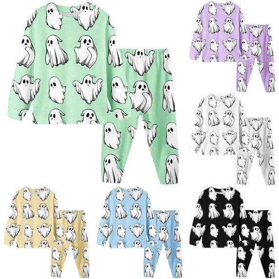 REDARER Crew Neck Long Sleeve 2 Piece Kids Pajama Set Classic Cartoon Ghost Print Soft Comfort Sleep Loungewear for Halloween Trick or Treat Fall Daily Home Casual Outfit,7Y