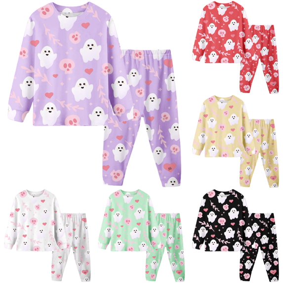 REDARER Crew Neck Long Sleeve 2 Piece Kids Pajama Set Cute Ghost Skull Heart Floral Print Soft Stretch Sleep Loungewear for Halloween Trick or Treat Fall Daily Holiday Party Outfit,3Y
