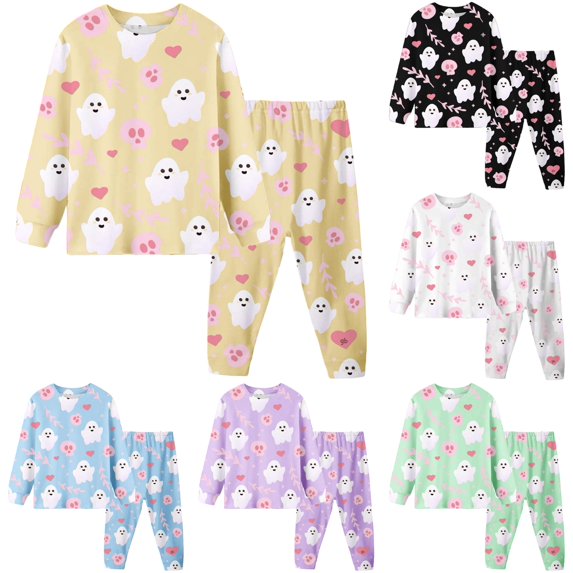 REDARER Crew Neck Long Sleeve 2 Piece Kids Pajama Set Cute Ghost Skull Heart Floral Print Soft Stretch Sleep Loungewear for Halloween Trick or Treat Fall Daily Holiday Party Outfit,6Y