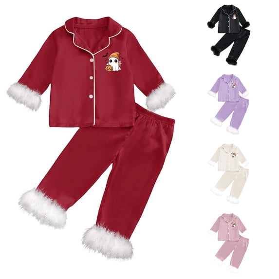 REDARER Cute Ghost Pumpkin Bat Graphic 2 Piece Button Front Kids Long Sleeve Pajama Set Silky Sleep Loungewear for Halloween Fall Home Holiday Outfit,12-13 Years