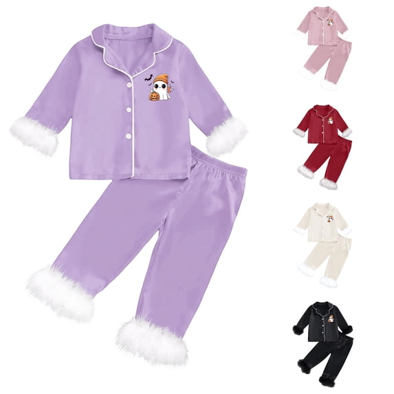REDARER Cute Ghost Pumpkin Bat Graphic 2 Piece Button Front Kids Long Sleeve Pajama Set Silky Sleep Loungewear for Halloween Fall Home Holiday Outfit,3-4 Years