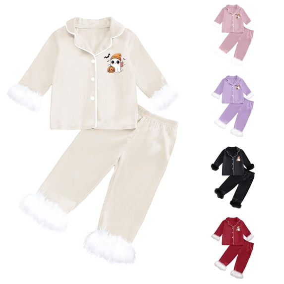 REDARER Cute Ghost Pumpkin Bat Graphic 2 Piece Button Front Kids Long Sleeve Pajama Set Silky Sleep Loungewear for Halloween Fall Home Holiday Outfit,10-11 Years