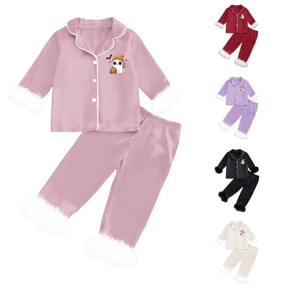 REDARER Cute Ghost Pumpkin Bat Graphic 2 Piece Button Front Kids Long Sleeve Pajama Set Silky Sleep Loungewear for Halloween Fall Home Holiday Outfit,3-4 Years