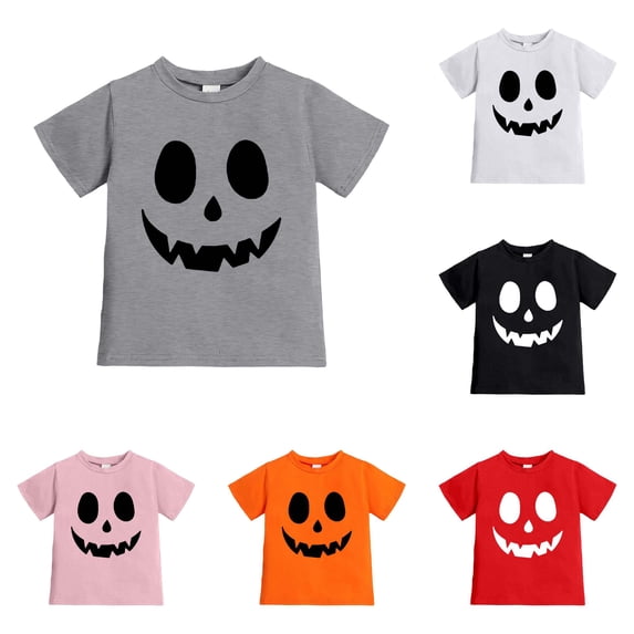 REDARER Cute Jack O Lantern Face Print Kids Short Sleeve Crew Neck T Shirt Soft Basic Casual Tee for Halloween Trick or Treat Fall Party Daily Stage Performance Outfit,6-7 Years