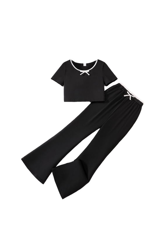 Elegant Girls' Two-Piece Outfit Fashion Short Sleeve Top & Stylish Flared Pants Toddler Set,13-14 Years