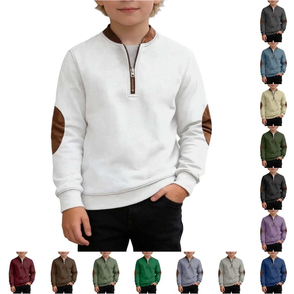REDARER Leather Elbow Patch Quarter Zip Stand Collar Soft Warm Long Sleeve Boys Pullover Sweatshirt for School Outdoor Daily Casual Wear,14-15 Years