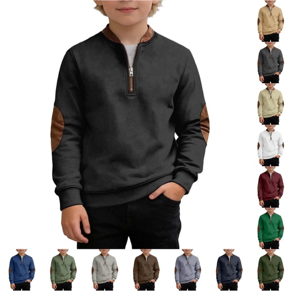REDARER Leather Elbow Patch Quarter Zip Stand Collar Soft Warm Long Sleeve Boys Pullover Sweatshirt for School Outdoor Daily Casual Wear,16-17 Years