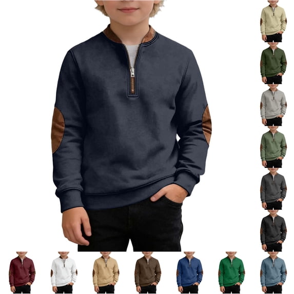 REDARER Leather Elbow Patch Quarter Zip Stand Collar Soft Warm Long Sleeve Boys Pullover Sweatshirt for School Outdoor Daily Casual Wear,4-5 Years