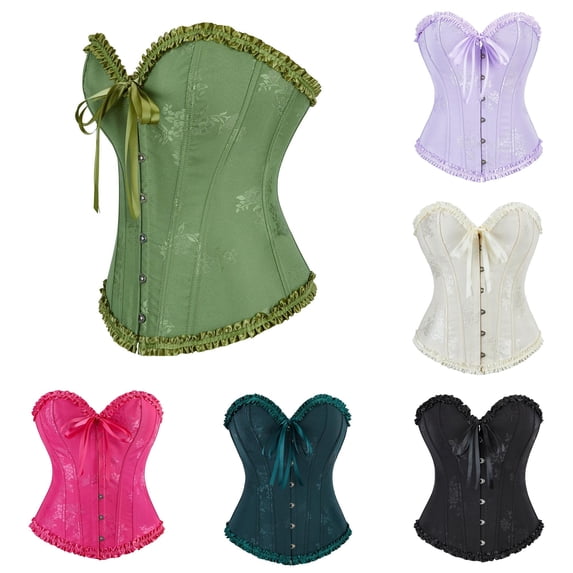 REDARER Floral Jacquard Ruffled Sweetheart Corset Front Satin Ribbon Tie Metal Buckle Waist Trainer Bustier for Halloween Renaissance Bridal Cosplay Tea Party Evening Dress Up Outfit,XS
