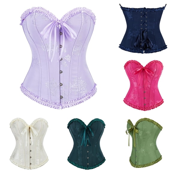 REDARER Floral Jacquard Ruffled Sweetheart Corset Front Satin Ribbon Tie Metal Buckle Waist Trainer Bustier for Halloween Renaissance Bridal Cosplay Tea Party Evening Dress Up Outfit,M