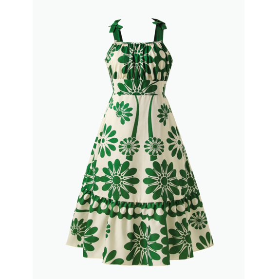 REDARER Floral Print Bohemian Cami Dress, Elastic Waist Tiered Ruffle Summer Dress for Girls,10-11 Years