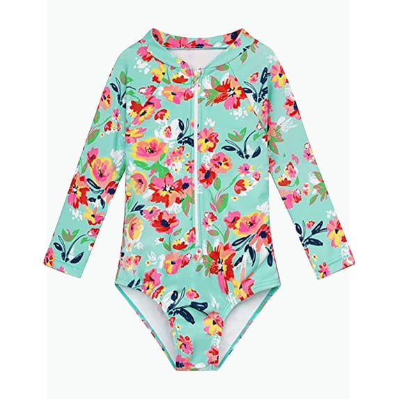 REDARER Floral Print Long Sleeve Zipper 1 Piece Girls Rash Guard Swimsuit UPF 50+ Sun Protection for Baby & Toddler,4-5 Years
