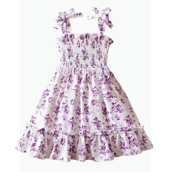 REDARER Floral Print Smocked Cami Dress, Bow Tie Straps Ruffle Hem Summer Party Outfit for Toddler Girls,4-5 Years