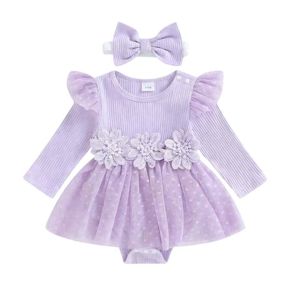 REDARER Girl Long Sleeve Lace Bodysuit with Floral Applique and Skirt for Photoshoot Outfit and Wear,Size:0-3 Months