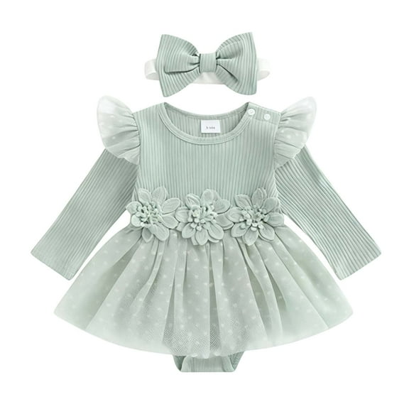 REDARER Girl Long Sleeve Lace Bodysuit with Floral Applique and Skirt for Photoshoot Outfit and Wear,Size:12-18 Months