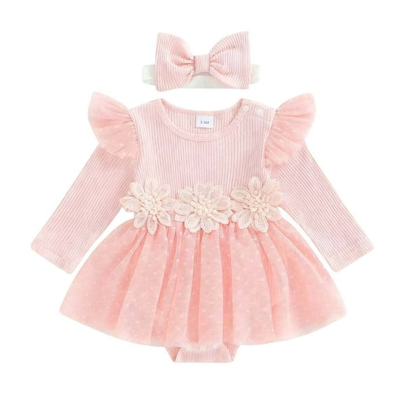 REDARER Girl Long Sleeve Lace Bodysuit with Floral Applique and Skirt for Photoshoot Outfit and Wear,Size:6-9 Months