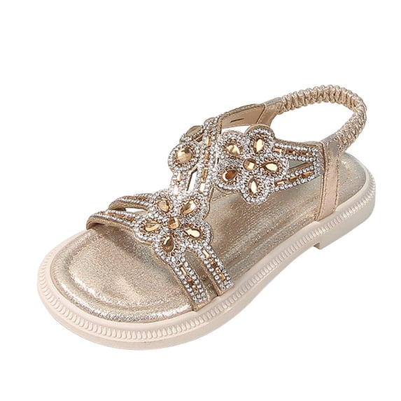 REDARER Girl Princess Sandals Rhinestone Slingback Sandals Elastic Ankle Strap Casual Bohemian Beach Shoes,5-5.5 Years