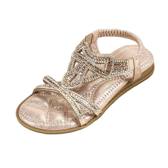 REDARER Girl Princess Sandals Rhinestone Slingback Sandals Elastic Ankle Strap Casual Bohemian Beach Shoes,Size 4-4.5 Years
