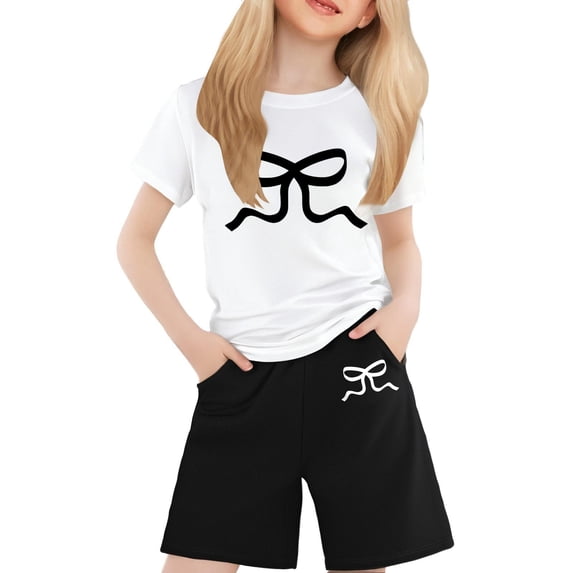 REDARER Girl Short Sleeve Bow Print Comfy Round Neck T Shirt and Shorts Sets,6-7 Years