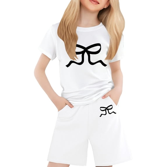 REDARER Girl Short Sleeve Bow Print Comfy Round Neck T Shirt and Shorts Sets,8-9 Years