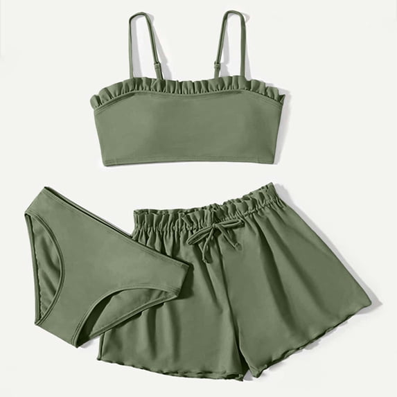 REDARER Girl's 3 Piece Swimsuits Soild Bikini Rullfe Bathing Suit Briefs Girls Bikini Swimwear Set,Girls Swimsuit,8-10 Years