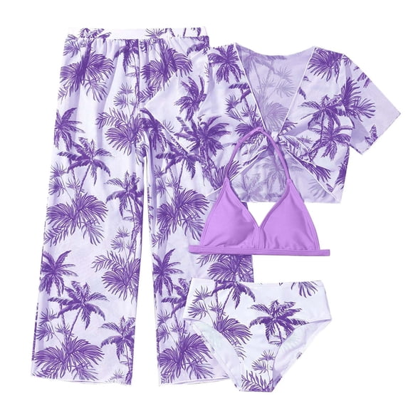 REDARER Girl's 4 Piece Swimsuits Tropical Print Halter Bikini Set Bathing Suits with Mesh Pants,Girls Swimsuit,9-10 Years