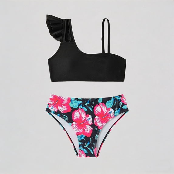 REDARER Girls' 2-Piece Bikini Set – One-Shoulder Ruffled Top + Floral Print Bottom, Stylish Sporty Beach Swimwear,13-14 Years