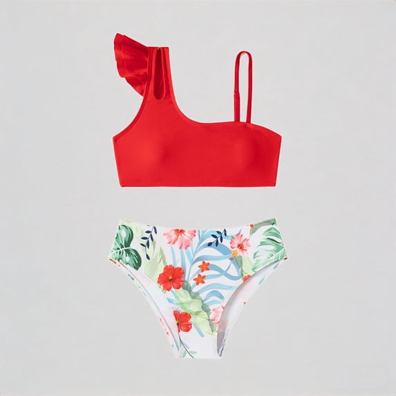 REDARER Girls' 2-Piece Bikini Set – One-Shoulder Ruffled Top + Floral Print Bottom, Stylish Sporty Beach Swimwear,5-6 Years