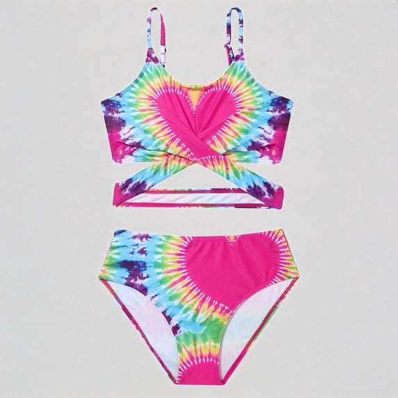 REDARER Girls' 2-Piece Bikini Set – Tie-Dye Heart Print Cutout Top + Bottoms, Adjustable-Strap Swimwear for Teenagers & Children,10-11 Years