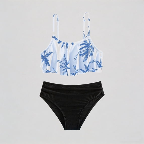 REDARER Girls' 2-Piece Bikini Set – Tree Print Ruffled Top + Solid Bottom, Stylish Sporty Beach Swimwear,14-15 Years