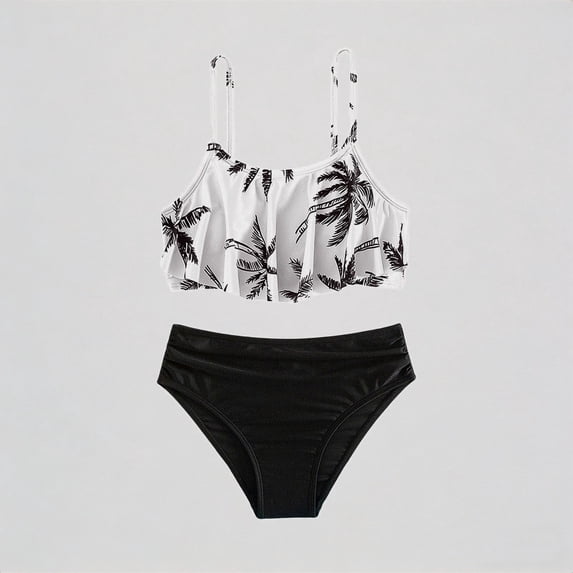 REDARER Girls' 2-Piece Bikini Set – Tree Print Ruffled Top + Solid Bottom, Stylish Sporty Beach Swimwear,7-8 Years