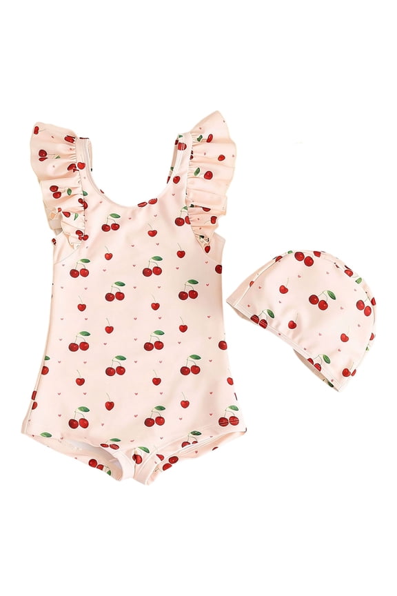 Girls 2 Piece Cherry Print One Piece Swimsuit Set with Ruffle Flutter Sleeve and Swim Cap UPF 50+ Bathing Suit,2-3 Years