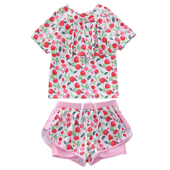 REDARER Girls 2 Piece Floral Print Rash Guard Set Short Sleeve Ruffle Top with Swim Shorts UPF 50+,10-12 Years