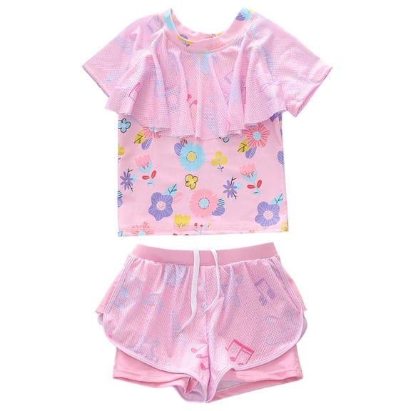 REDARER Girls 2 Piece Floral Print Rash Guard Set Short Sleeve Ruffle Top with Swim Shorts UPF 50+,10-12 Years