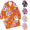 thumbnail image 1 of REDARER Girls 2 Piece Halloween Pajama Set Notch Collar Long Sleeve Button Top Matching Long Pants Floral Skull Heart Bird Print Home Sleep Loungewear Outfit,11-12 Years, 1 of 5