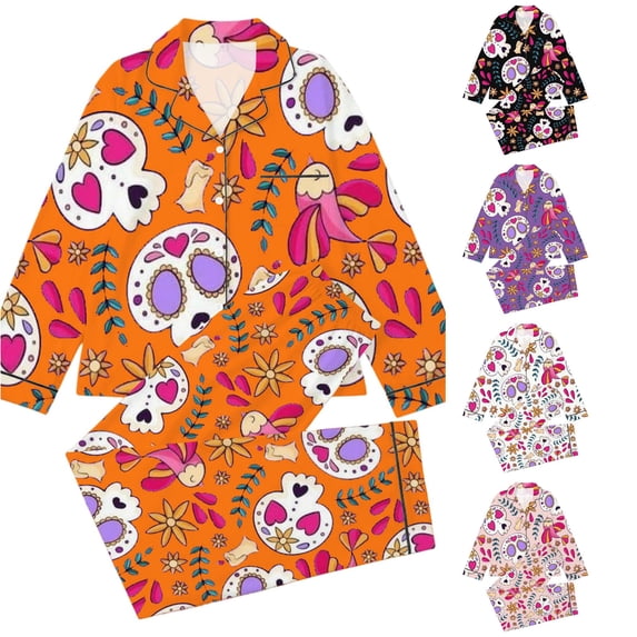 REDARER Girls 2 Piece Halloween Pajama Set Notch Collar Long Sleeve Button Top Matching Long Pants Floral Skull Heart Bird Print Home Sleep Loungewear Outfit,11-12 Years