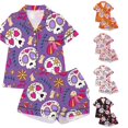 thumbnail image 1 of REDARER Girls 2 Piece Halloween Pajama Set Notch Collar Short Sleeve Button Top Matching Shorts Floral Skull Bird Print Casual Home Sleep Loungewear Outfit,11-12 Years, 1 of 5
