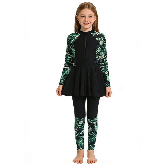 REDARER Girls 2 Piece Modest Rash Guard Set with Tropical Leaf Print, Zip-Up & Pants UPF 50+,9-10 Years