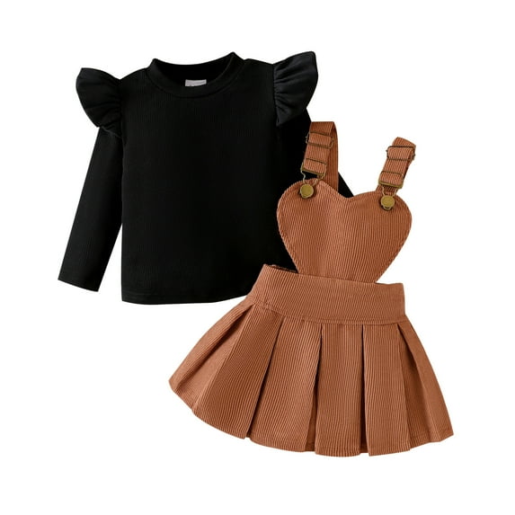 REDARER Girls 2-Piece Outfit, Long Sleeve Top and Brown Pinafore Dress, Cute Casual Style for Everyday Wear and Play,Size:6-12 Months