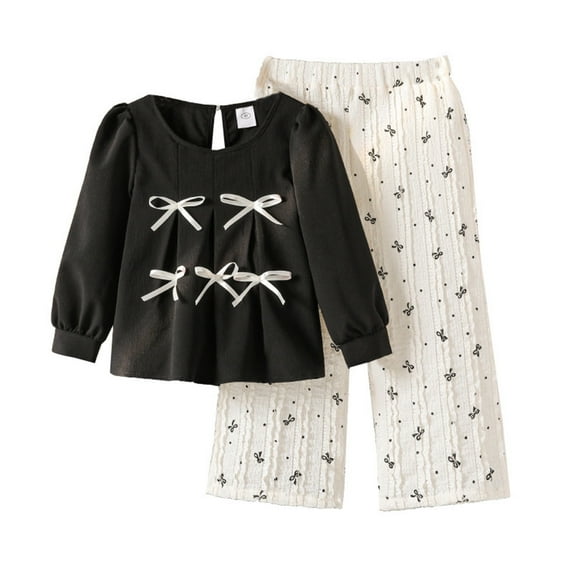 REDARER Girls 2-Piece Outfit Long Sleeve Top with Wide Leg Pants Korean Style Bow Detail Toddler Fall Matching Set,Size:6-7 Years
