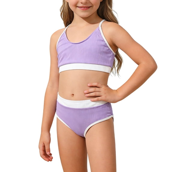 REDARER Girls 2 Piece Ribbed Bikini Swimsuit Contrast Trim High Waist Set UPF 50+,9-11 Years