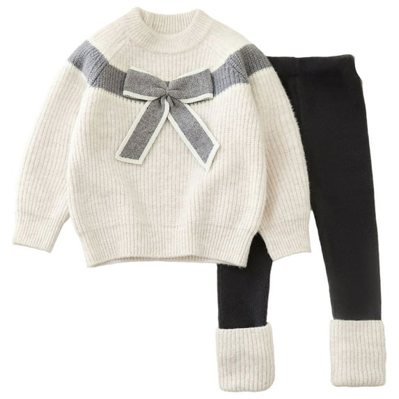 REDARER Girls 2-Piece Set Knit Pullover & Leggings, Bow Tie Round Neck Winter Sweater Outfit for Baby Toddler, Cute Fall Clothes,Size:6-7 Years