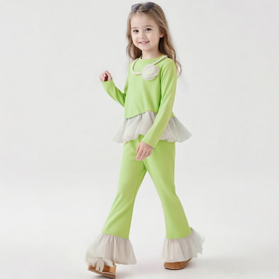 REDARER Girls 2-Piece Set, Ruffle Hem Top & Flared Pants with Free Necklace, Autumn Outfit for School and Casual Wear,Size:2-3 Years