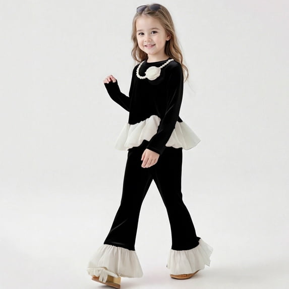 REDARER Girls 2-Piece Set, Ruffle Hem Top & Flared Pants with Free Necklace, Autumn Outfit for School and Casual Wear,Size:2-3 Years