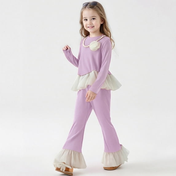 REDARER Girls 2-Piece Set, Ruffle Hem Top & Flared Pants with Free Necklace, Autumn Outfit for School and Casual Wear,Size:3-4 Years
